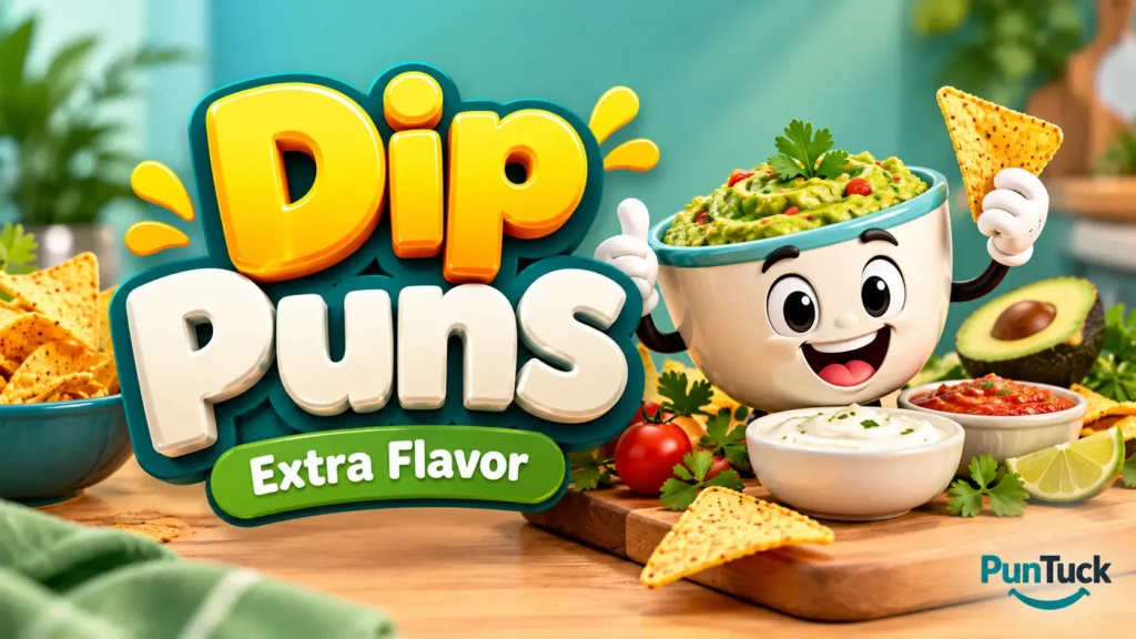 Dip Puns thumbnail with bold 3D lettering, avocado mascot, chips, guacamole, and colorful food styling