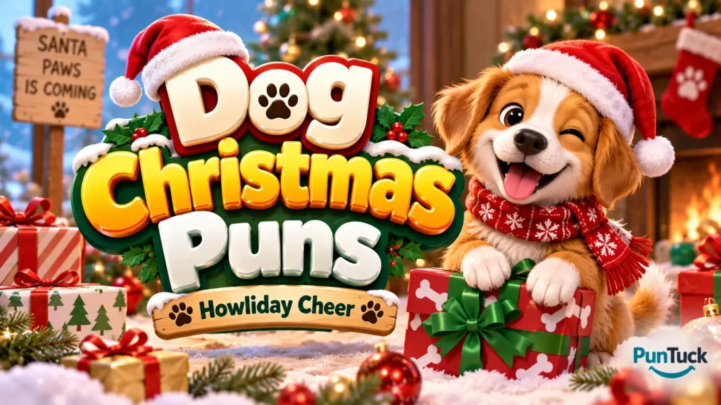 Dog Christmas Puns thumbnail with festive 3D lettering, Santa puppy, gifts, and Christmas decorations