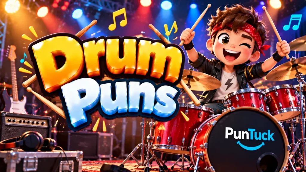 Drum Puns thumbnail with glossy 3D lettering, drummer mascot, red drum kit, drumsticks, stage lights, and music notes
