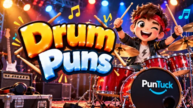 Drum Puns thumbnail with glossy 3D lettering, drummer mascot, red drum kit, drumsticks, stage lights, and music notes