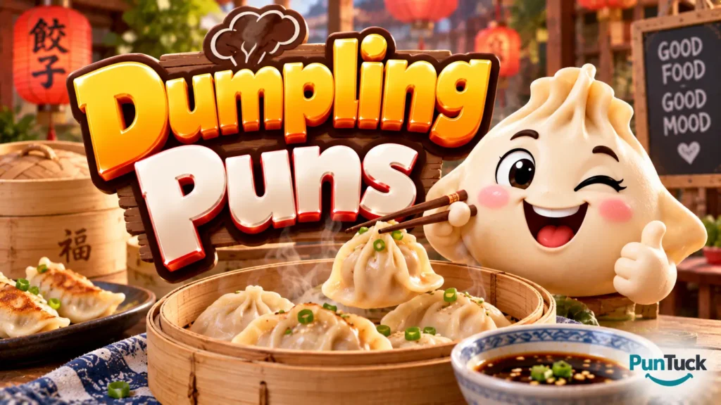 Dumpling Puns thumbnail with glossy 3D lettering, smiling dumpling mascot, bamboo steamer, chopsticks, and sauce