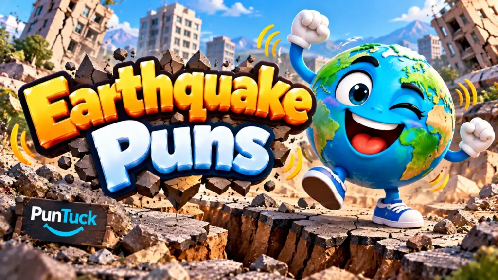 Earthquake Puns thumbnail with glossy 3D lettering, Earth mascot, cracked ground, rubble, and city skyline