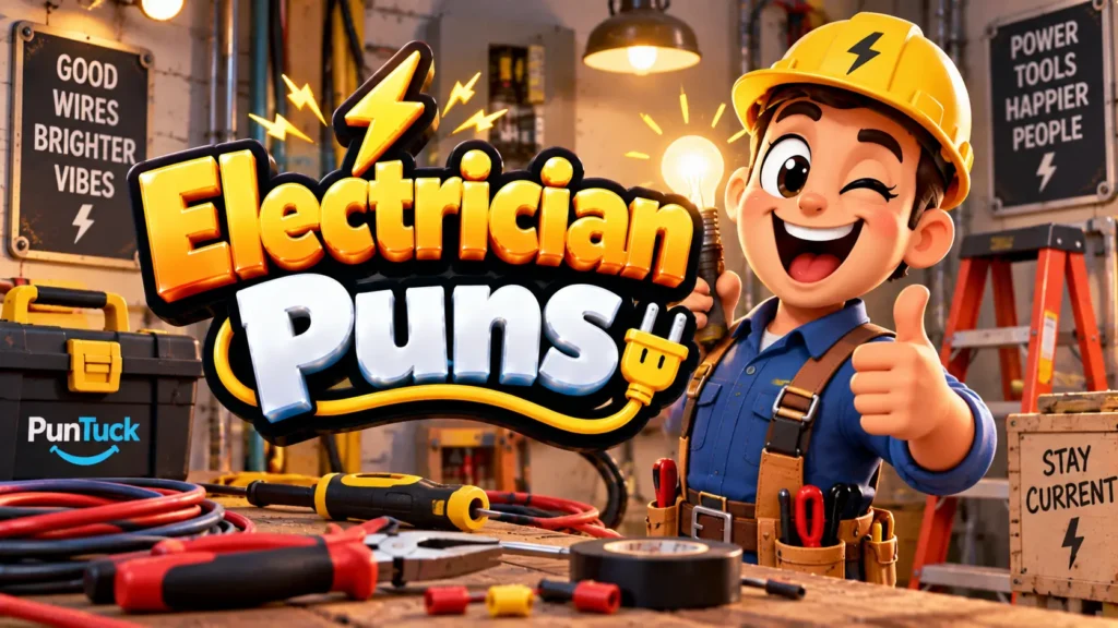 Electrician Puns thumbnail with glossy 3D lettering, cheerful electrician mascot, tools, wires, and glowing bulb