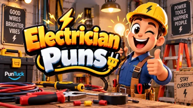 Electrician Puns thumbnail with glossy 3D lettering, cheerful electrician mascot, tools, wires, and glowing bulb