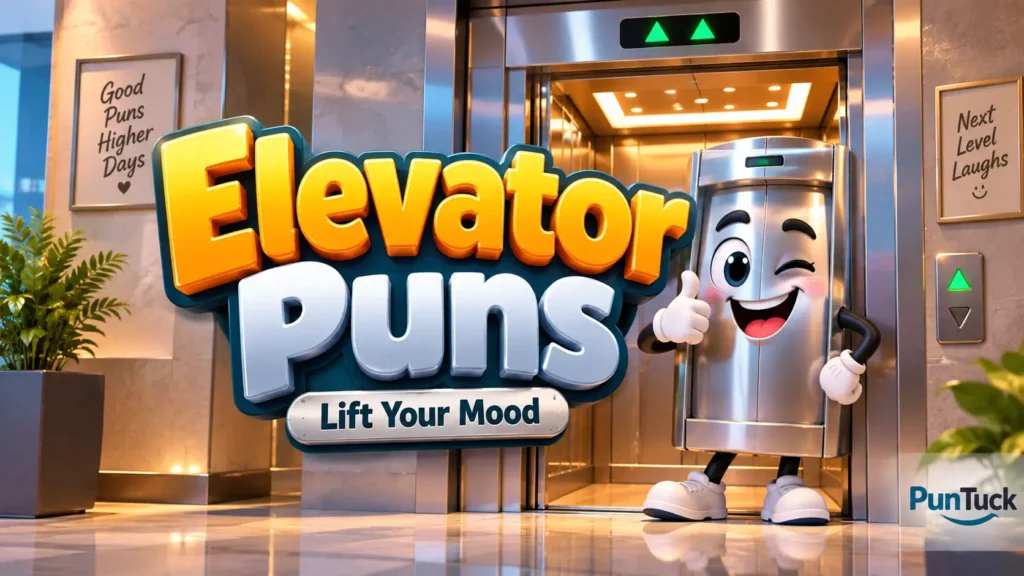Elevator Puns thumbnail featuring a cheerful elevator mascot and bold 3D typography