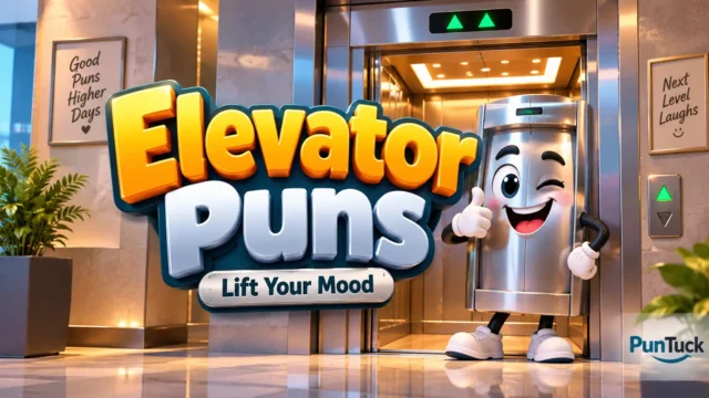 Elevator Puns thumbnail featuring a cheerful elevator mascot and bold 3D typography