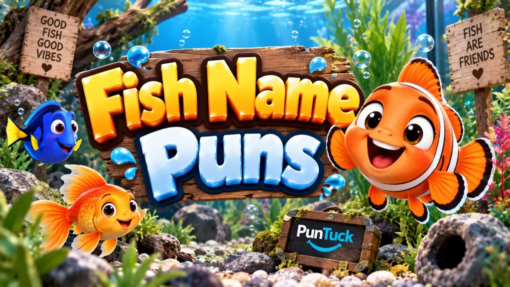Fish Name Puns thumbnail with glossy 3D lettering, colorful fish, aquarium plants, bubbles, and rocks