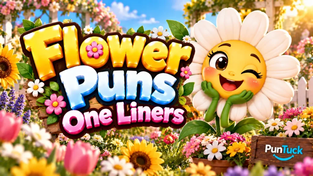 Flower Puns One Liners thumbnail with glossy 3D text, smiling daisy mascot, colorful flowers, and garden scenery