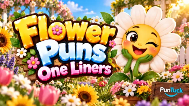 Flower Puns One Liners thumbnail with glossy 3D text, smiling daisy mascot, colorful flowers, and garden scenery