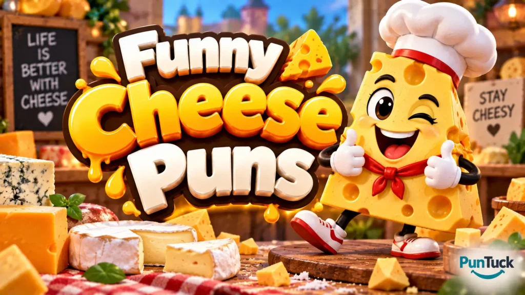 Funny Cheese Puns thumbnail with glossy 3D lettering, cheese mascot, cheese wedges, and a colorful kitchen