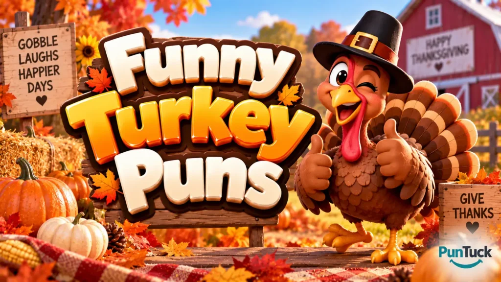 Funny Turkey Puns thumbnail with glossy 3D text, festive turkey mascot, pumpkins, leaves, and barn