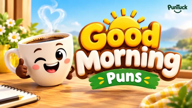 Cheerful coffee cup with bold Good Morning puns typography in a sunny setting