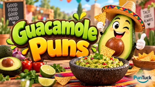 Guacamole Puns thumbnail with glossy 3D lettering, avocado mascot, chips, guacamole bowl, and lime