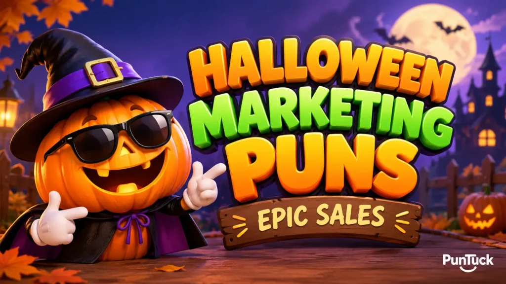 Halloween marketing puns thumbnail with a fun pumpkin mascot and bold 3D typography