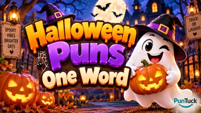 Halloween Puns One Word thumbnail with glossy 3D text, ghost mascot, pumpkins, bats, and spooky scenery
