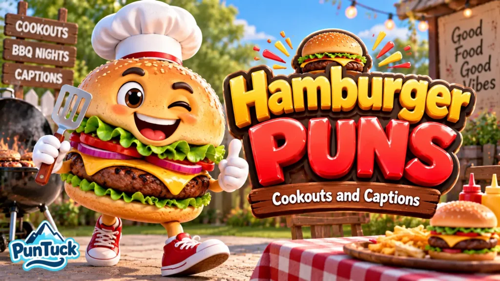 Hamburger Puns thumbnail with a cheerful burger mascot at a backyard cookout