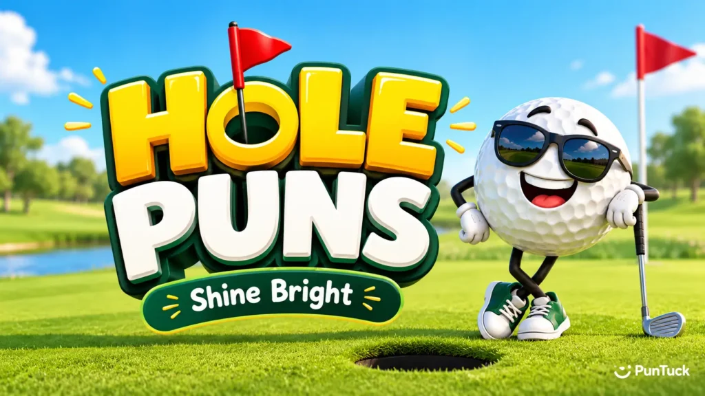 Colorful golf-themed Hole Puns thumbnail with 3D HOLE PUNS text and a smiling golf ball mascot