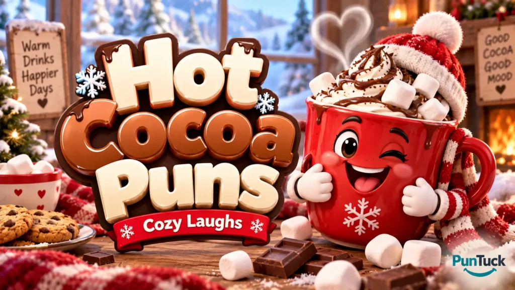 Hot Cocoa Puns thumbnail with glossy 3D lettering, festive mug mascot, marshmallows, chocolate, and snow