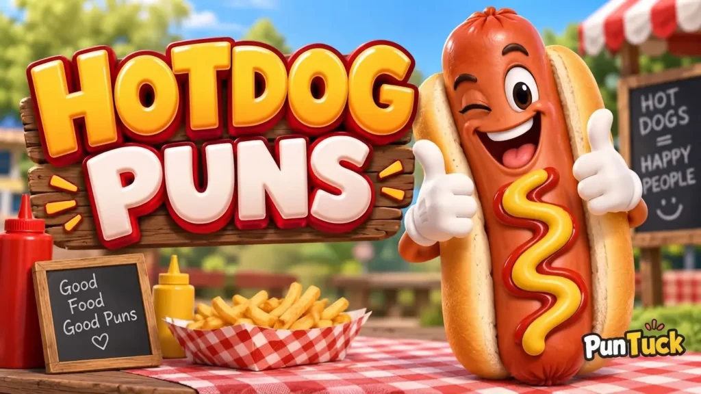 Hotdog puns featured image with a smiling hot dog mascot and bold colorful typography