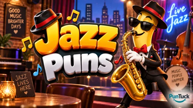 Jazz Puns thumbnail with glossy 3D lettering, saxophone mascot, musical notes, and a vibrant jazz club