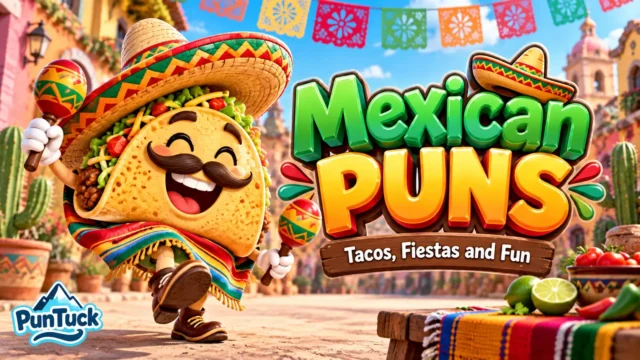 Mexican Puns thumbnail featuring a cheerful taco mascot at a colorful fiesta