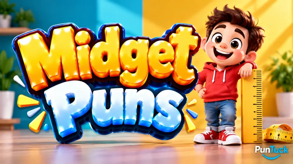 Midget Puns thumbnail with glossy 3D lettering, cheerful character, height ruler, tape measure, and bright studio background