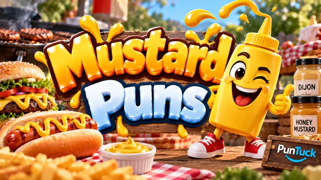 Mustard Puns thumbnail with glossy 3D lettering, mustard mascot, hot dog, burger, fries, and BBQ setting