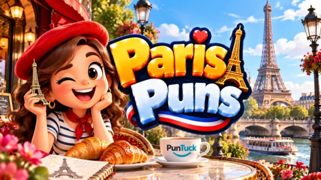 Paris Puns thumbnail with glossy 3D lettering, Eiffel Tower, cheerful Paris mascot, croissants, and Seine