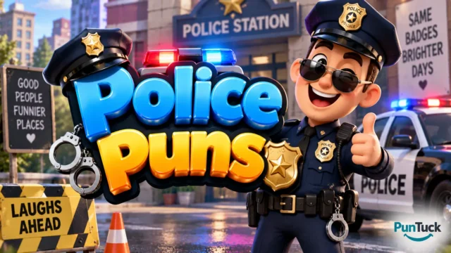 Police Puns thumbnail with glossy 3D lettering, cheerful officer, police car, badge, and handcuffs