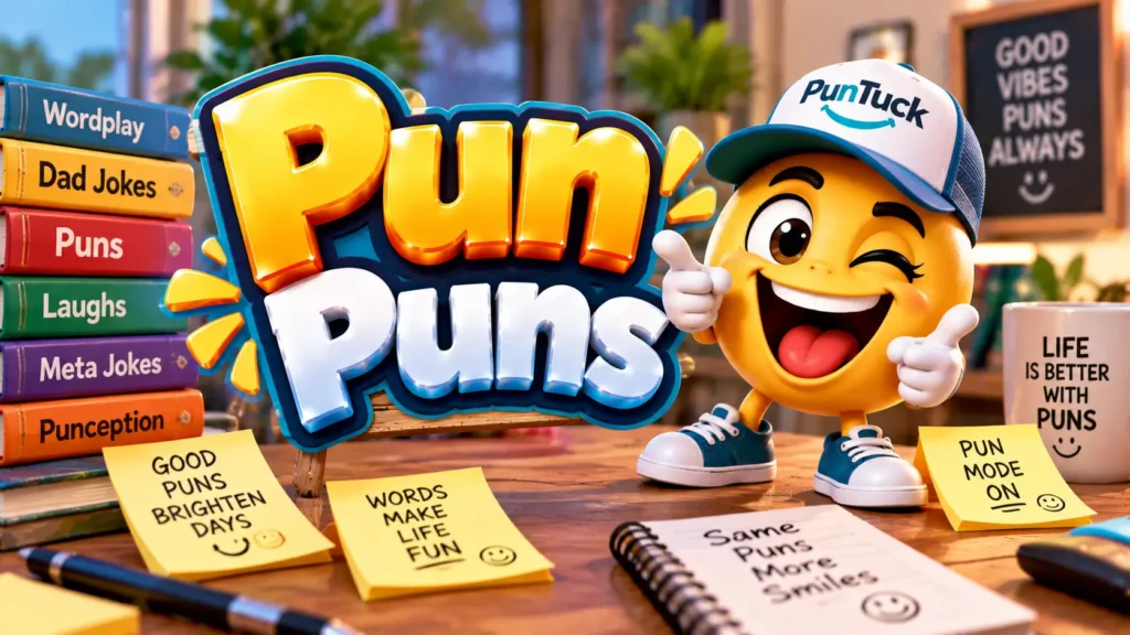 Pun Puns thumbnail with glossy 3D lettering, playful mascot, wordplay books, notes, and colorful desk scene