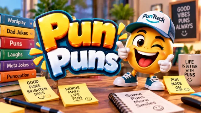 Pun Puns thumbnail with glossy 3D lettering, playful mascot, wordplay books, notes, and colorful desk scene