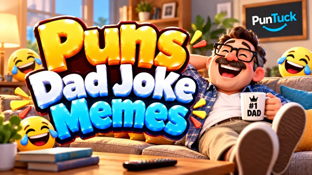 Puns Dad Joke Memes thumbnail with glossy 3D lettering, laughing dad mascot, couch, emojis, and cozy room