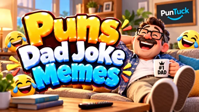 Puns Dad Joke Memes thumbnail with glossy 3D lettering, laughing dad mascot, couch, emojis, and cozy room