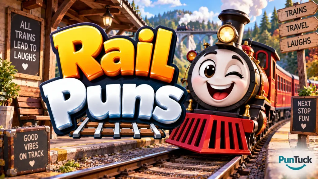 Rail Puns thumbnail with glossy 3D lettering, cheerful train mascot, railway tracks, station, and mountain scenery