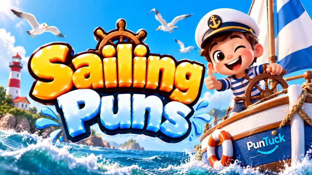 Sailing Puns thumbnail with glossy 3D lettering, cheerful sailor, sailboat, waves, lighthouse, and seagulls