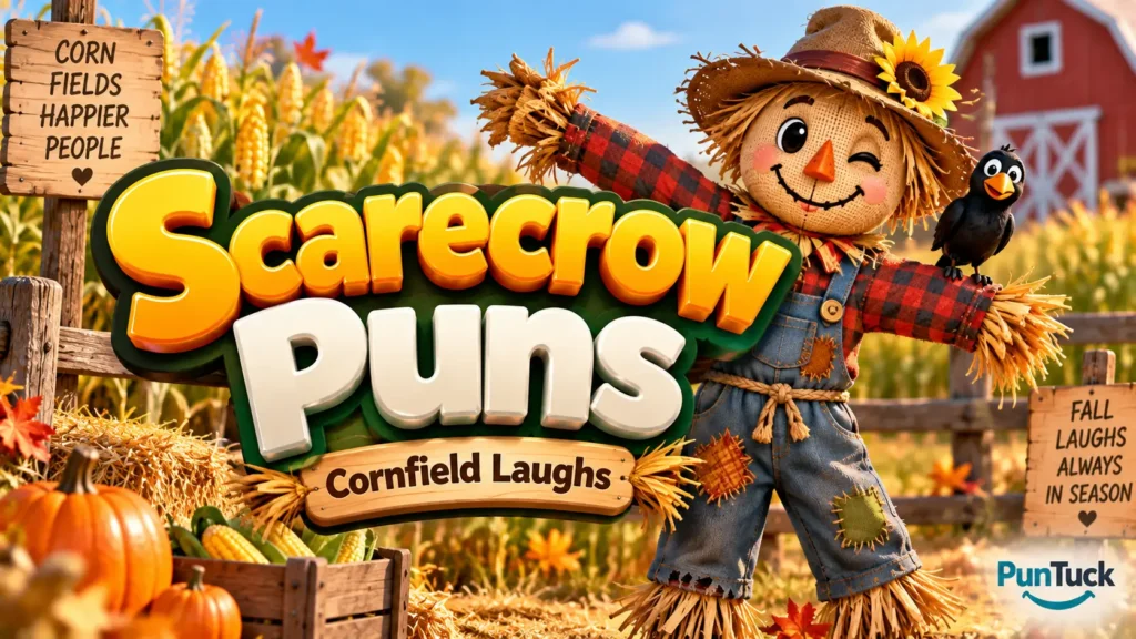 Scarecrow Puns thumbnail with 3D lettering, smiling scarecrow, cornfield, pumpkins, and autumn farm setting