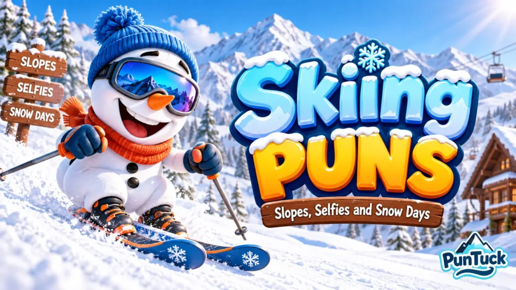Skiing Puns thumbnail with a cheerful snowman skiing through a snowy mountain resort