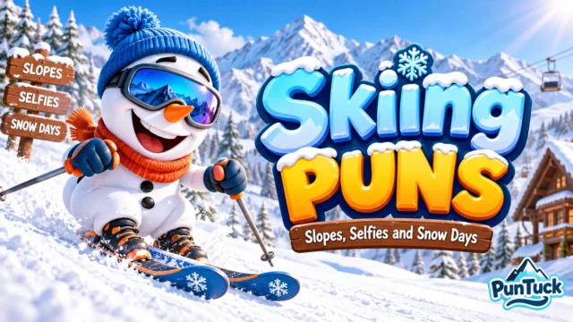 Skiing Puns thumbnail with a cheerful snowman skiing through a snowy mountain resort