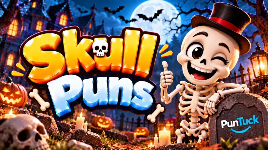 Skull Puns thumbnail with glossy 3D lettering, smiling skeleton mascot, pumpkins, bats, candles, and graveyard