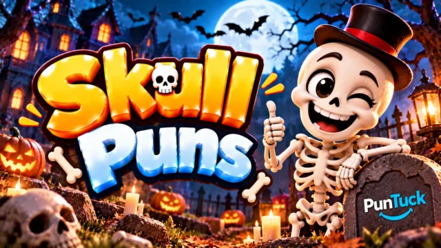 Skull Puns thumbnail with glossy 3D lettering, smiling skeleton mascot, pumpkins, bats, candles, and graveyard