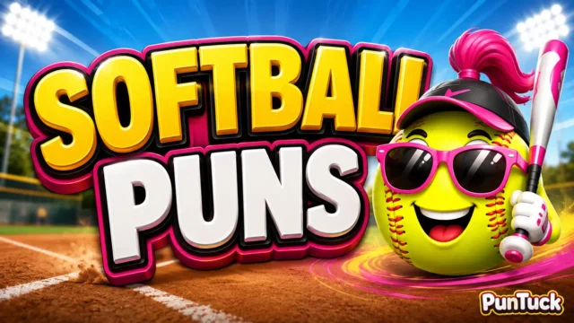 Softball Puns featured image with bold 3D typography and a fun softball mascot
