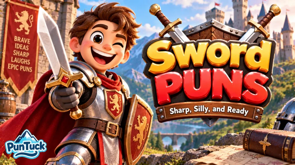 Sword Puns thumbnail with a cheerful knight, shining sword, shield, and colorful castle
