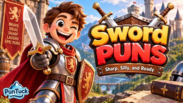 Sword Puns thumbnail with a cheerful knight, shining sword, shield, and colorful castle