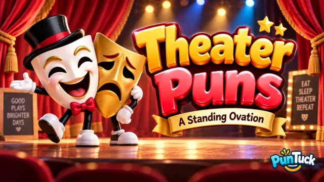 Theater Puns featured image with colorful theater masks and bold glossy 3D lettering