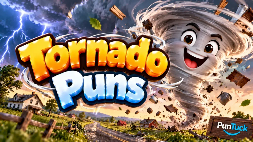 Tornado Puns thumbnail with glossy 3D lettering, smiling tornado mascot, lightning, swirling debris, and rural scenery
