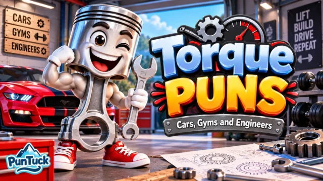 Torque Puns thumbnail with a cheerful piston mascot, sports car, tools and gym equipment