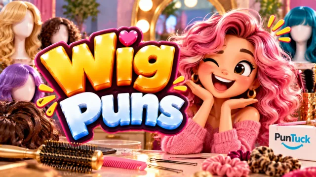 Wig Puns thumbnail with glossy 3D lettering, playful wig mascot, colorful wigs, brushes, combs, and vanity lights