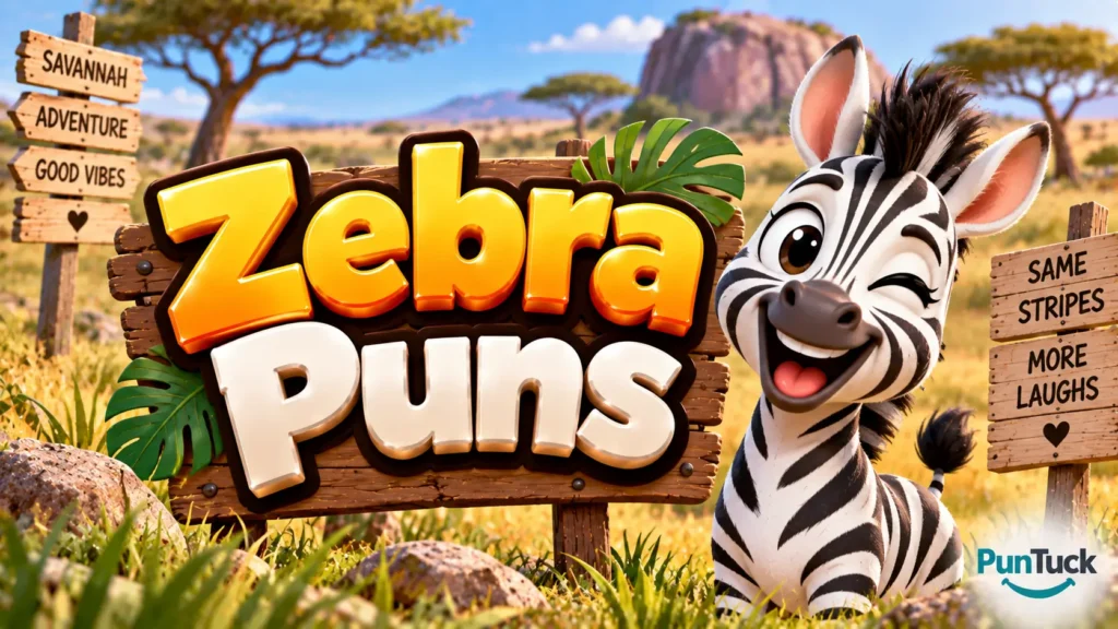 Zebra Puns thumbnail with glossy 3D lettering, playful zebra mascot, savanna, acacia trees, and safari scenery