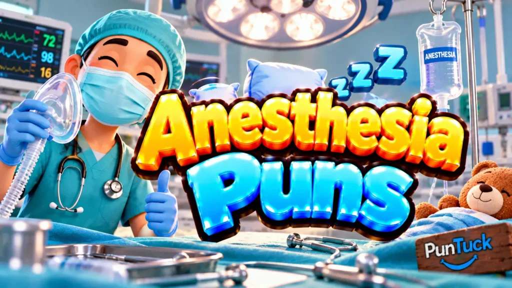 Anesthesia Puns thumbnail with glossy 3D lettering, smiling medical professional, anesthesia mask, monitor, and sleeping teddy bear