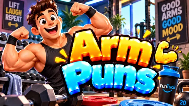 Arm Puns thumbnail with glossy 3D lettering, a cheerful muscular mascot, flexed arms, dumbbells, and gym equipment